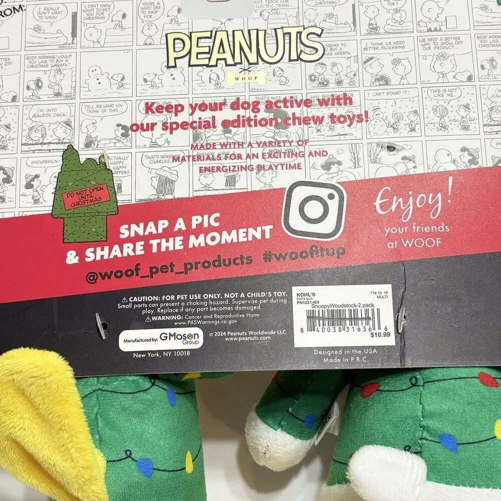 Peanuts 2 Pack Dog Toys Snoopy & Woodstock Christmas Plush Squeaky New